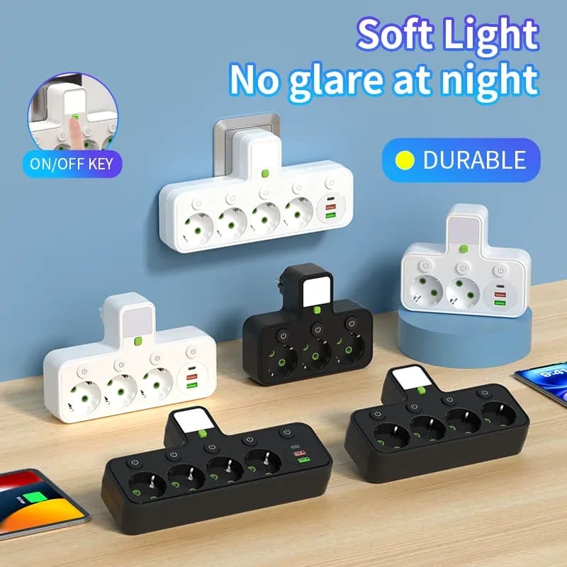 Multiprise murale avec 4 prises secteur, 2 ports USB, 1 port USB-C, interrupteur et veilleuse