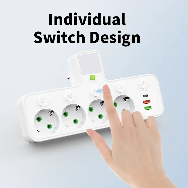 Multiprise murale avec 4 prises secteur, 2 ports USB, 1 port USB-C, interrupteur et veilleuse slide 2