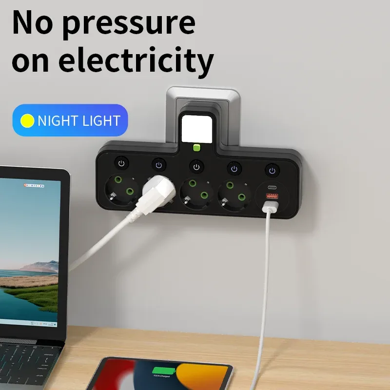 Multiprise murale avec 4 prises secteur, 2 ports USB, 1 port USB-C, interrupteur et veilleuse slide 3