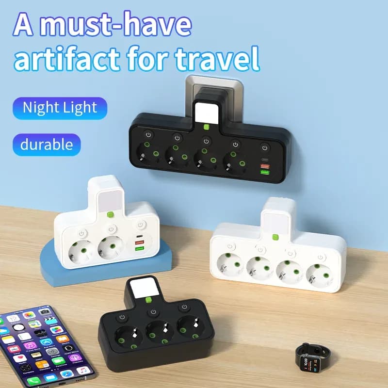 Multiprise murale avec 4 prises secteur, 2 ports USB, 1 port USB-C, interrupteur et veilleuse slide 4