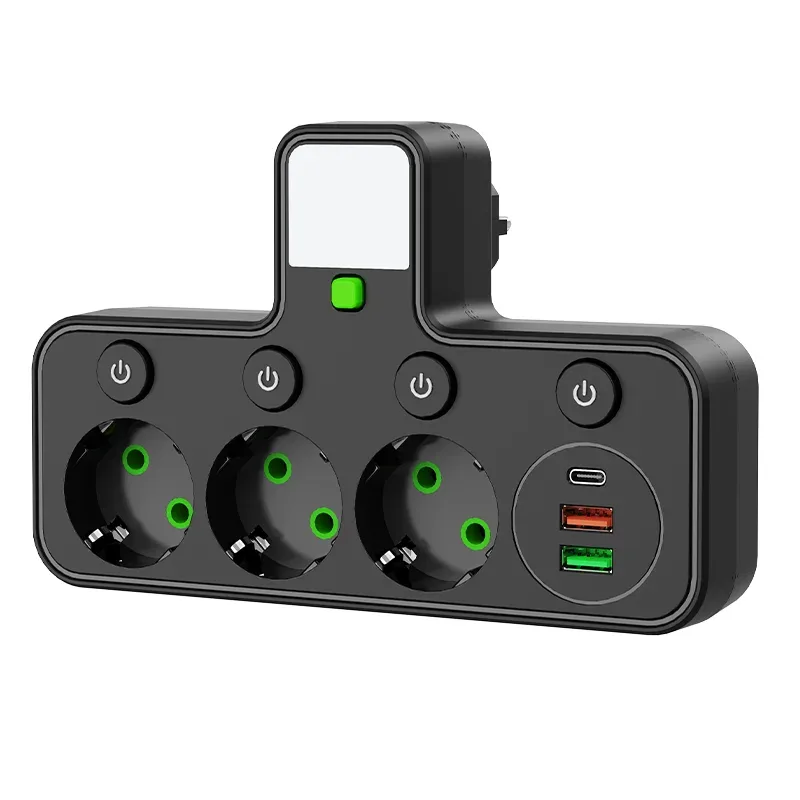 Multiprise murale avec 4 prises secteur, 2 ports USB, 1 port USB-C, interrupteur et veilleuse slide 12