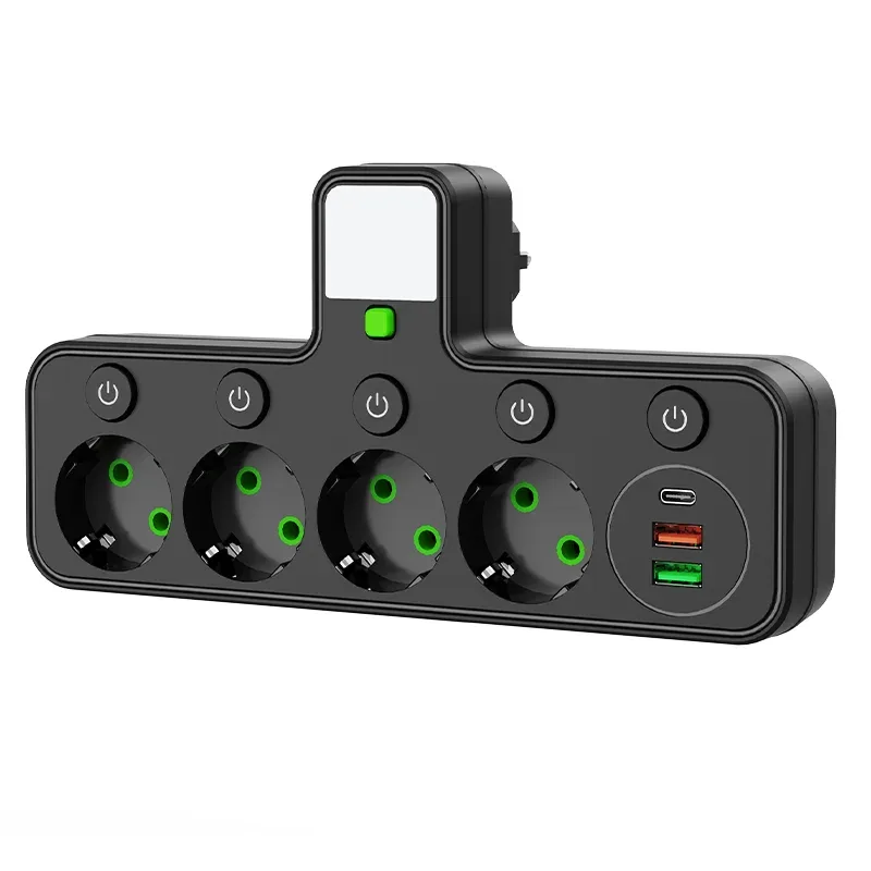 Multiprise murale avec 4 prises secteur, 2 ports USB, 1 port USB-C, interrupteur et veilleuse slide 11
