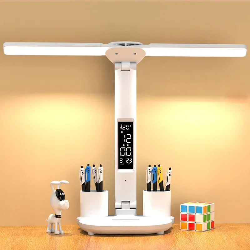 Lampe de bureau LED pliable à double tête avec calendrier et horloge - Image 1