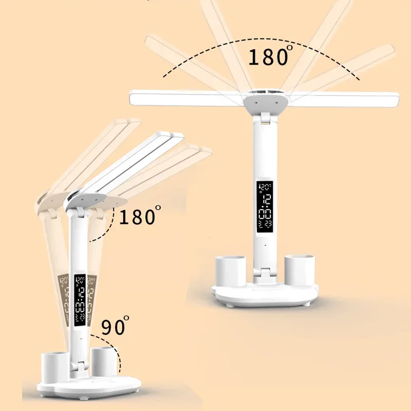 Lampe de bureau LED pliable à double tête avec calendrier et horloge - Image 6