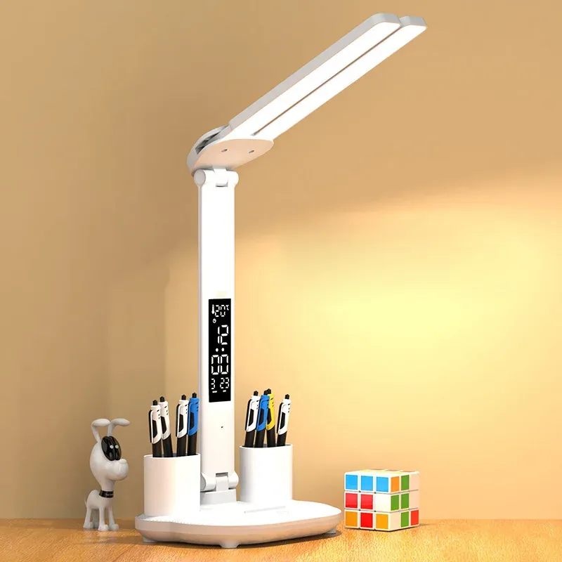 Lampe de bureau LED pliable à double tête avec calendrier et horloge - Image 2