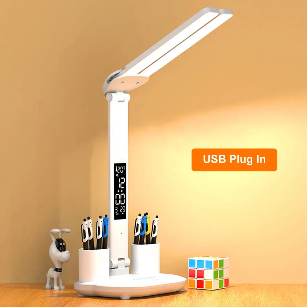 Lampe de bureau LED pliable à double tête avec calendrier et horloge slide 7