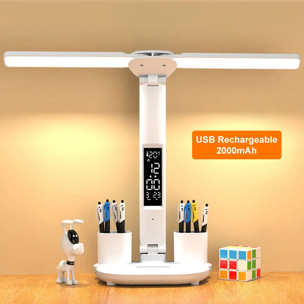 Lampe de bureau LED pliable à double tête avec calendrier et horloge slide 8