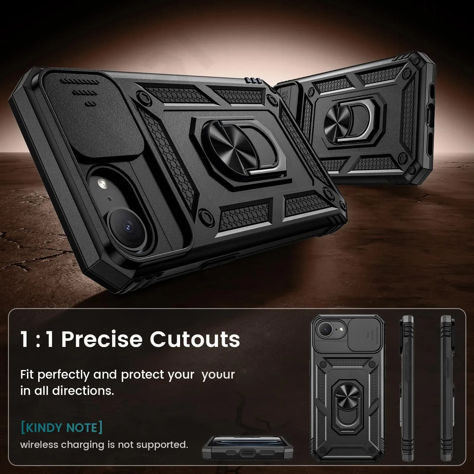 Coque de protection intégrale 360° pour iPhone 17 et 16 avec cache-caméra coulissant et anneau de support intégré - Image 4
