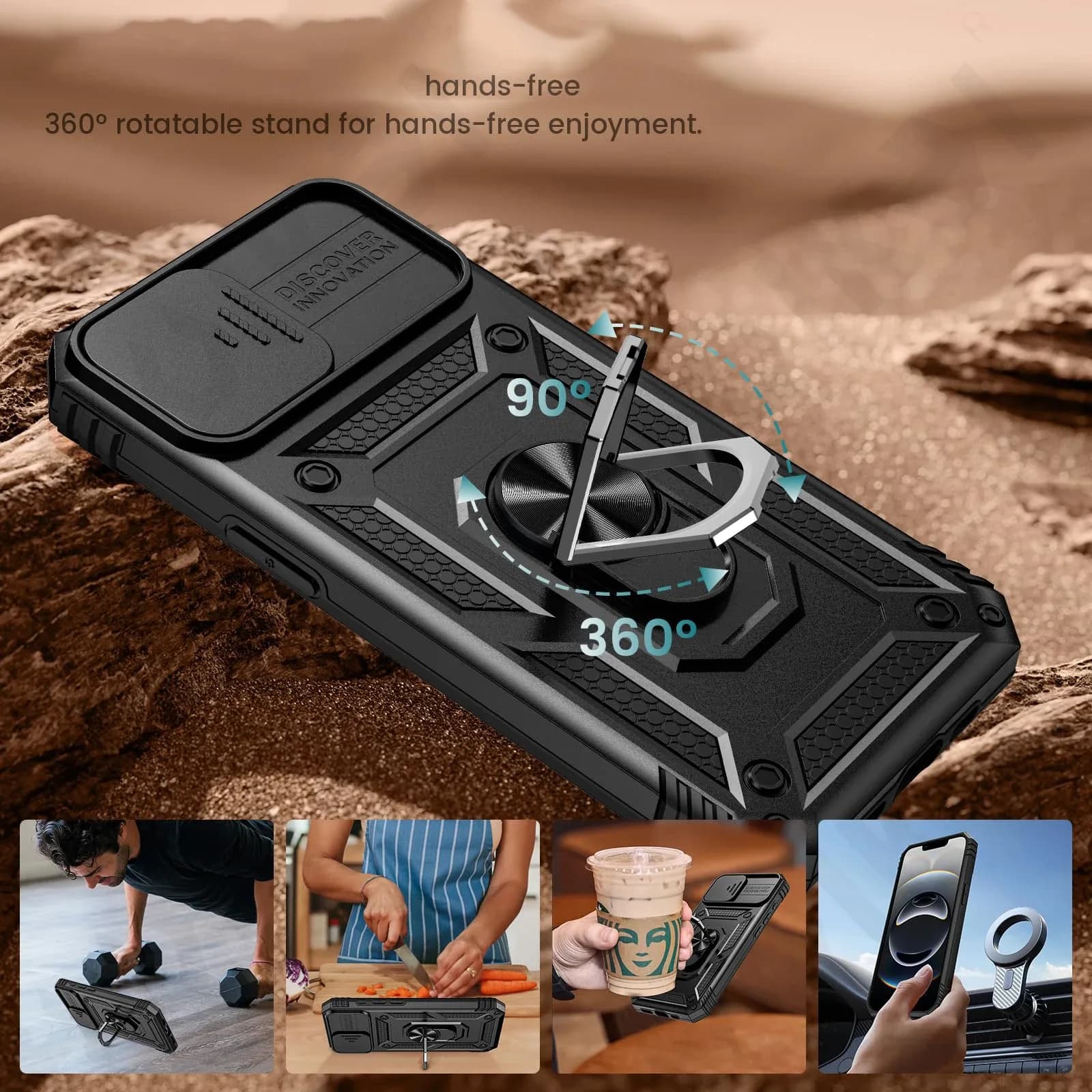 Coque de protection intégrale 360° pour iPhone 17 et 16 avec cache-caméra coulissant et anneau de support intégré - Image 3