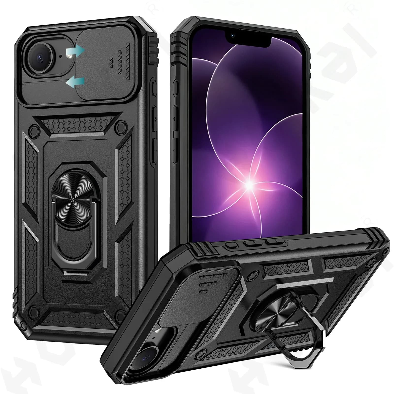 Coque de protection intégrale 360° pour iPhone 17 et 16 avec cache-caméra coulissant et anneau de support intégré - Image 1