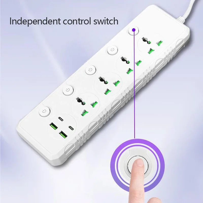 Multiprise universelle avec 4 interrupteurs individuels, 2 ports USB, 2 ports USB-C et câble de 2m - Image 3