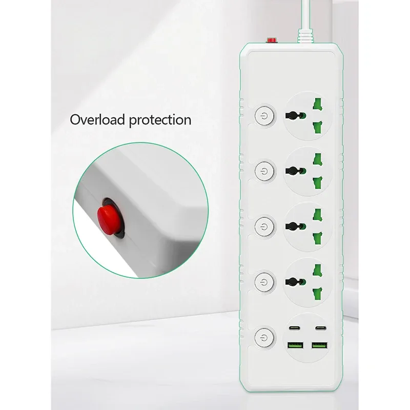 Multiprise universelle avec 4 interrupteurs individuels, 2 ports USB, 2 ports USB-C et câble de 2m - Image 4