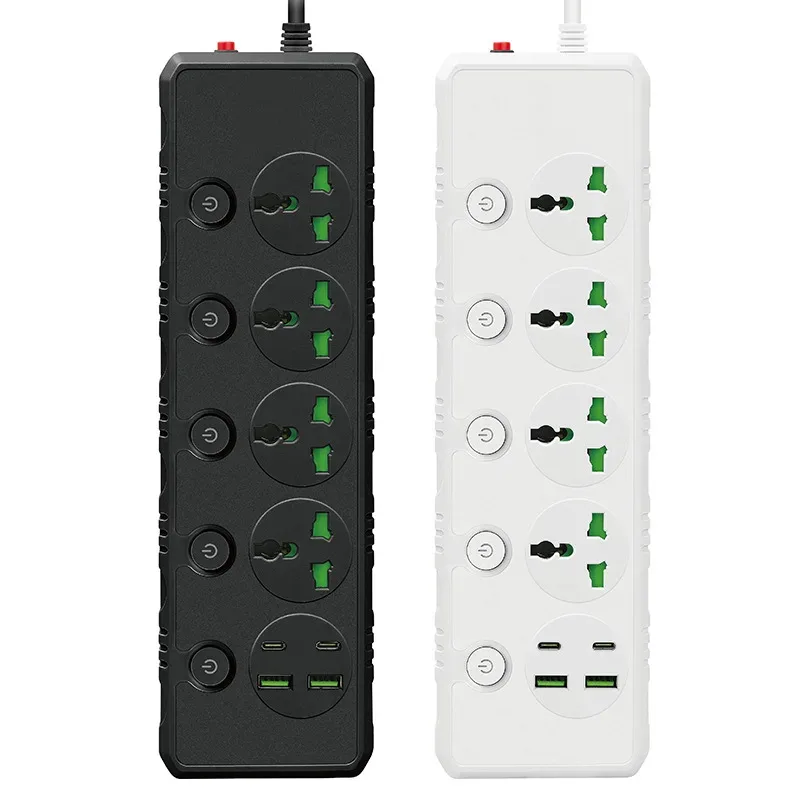 Multiprise universelle avec 4 interrupteurs individuels, 2 ports USB, 2 ports USB-C et câble de 2m - Image 1