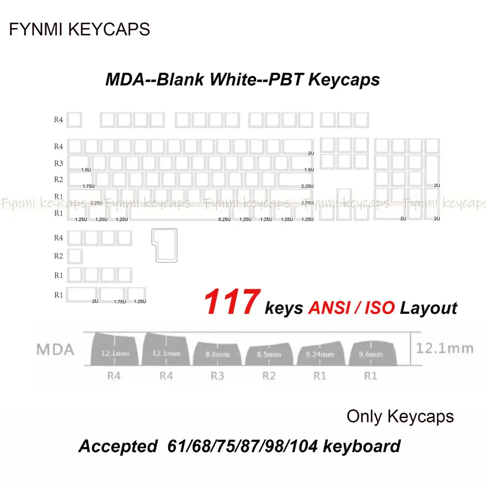 Set de touches PBT Fynmi - Profil MDA - Blanc Vierge - 61 à 144 touches - ANSI/ISO - Sublimation thermique slide 8