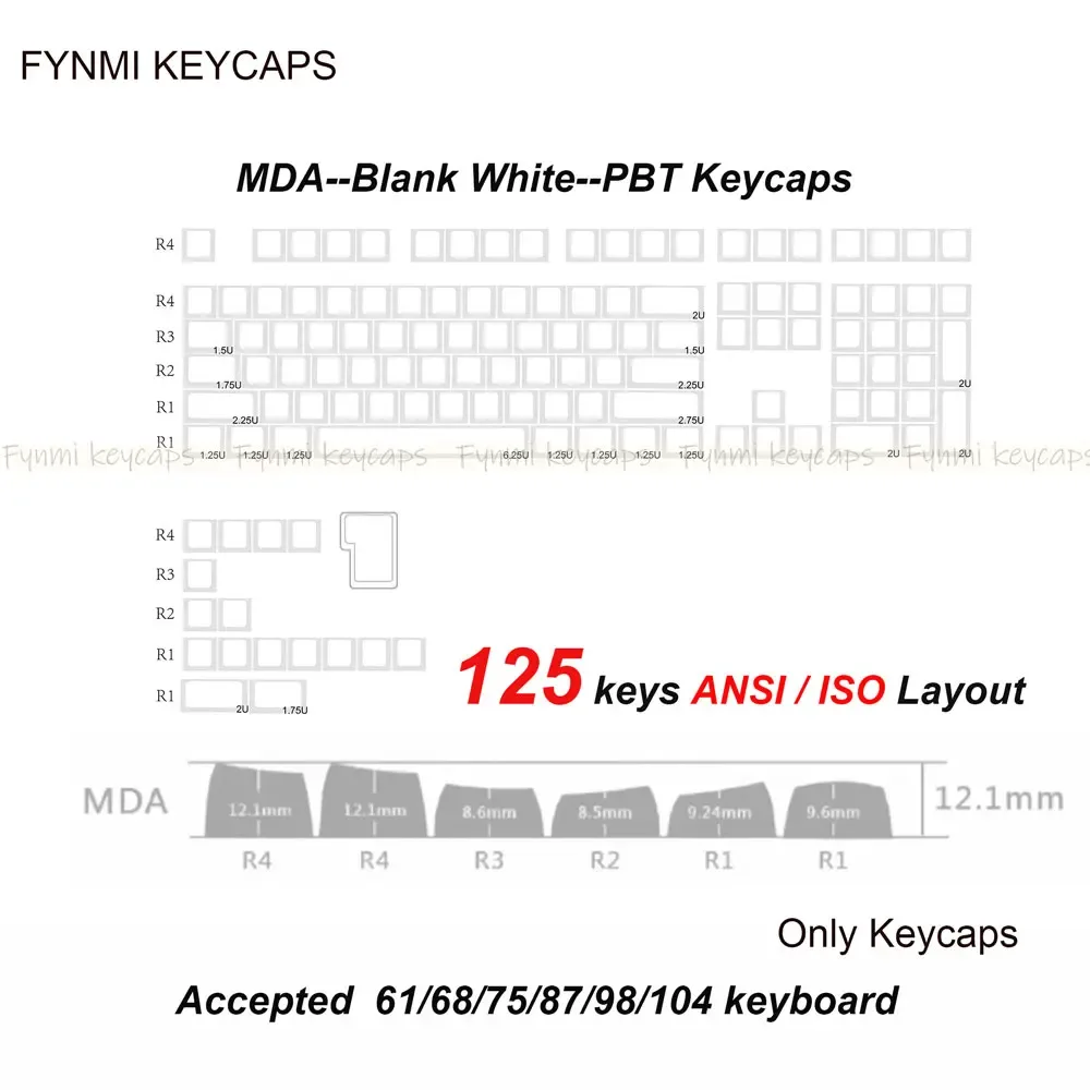 Set de touches PBT Fynmi - Profil MDA - Blanc Vierge - 61 à 144 touches - ANSI/ISO - Sublimation thermique slide 9