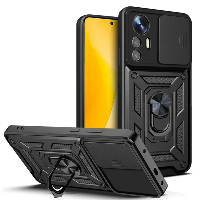 Coque Antichoc avec Cache Caméra Coulissant et Anneau Support pour Xiaomi 12 / 12 Pro / 12 Lite / 12X