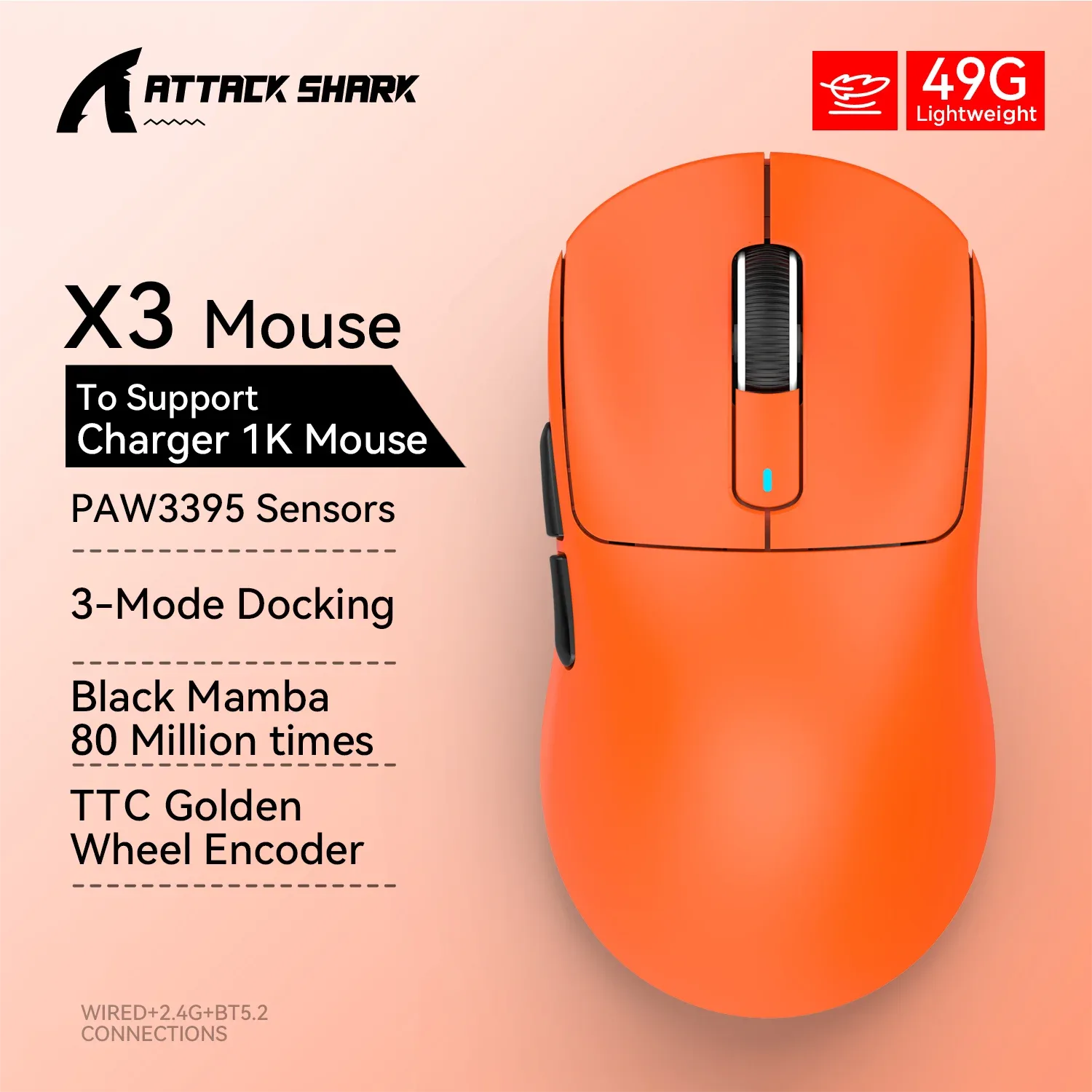 ATTACK SHARK X3 Souris de Jeu Sans Fil, Tri-Mode, Capteur PAW3395, 4K, Rouge - Image 1