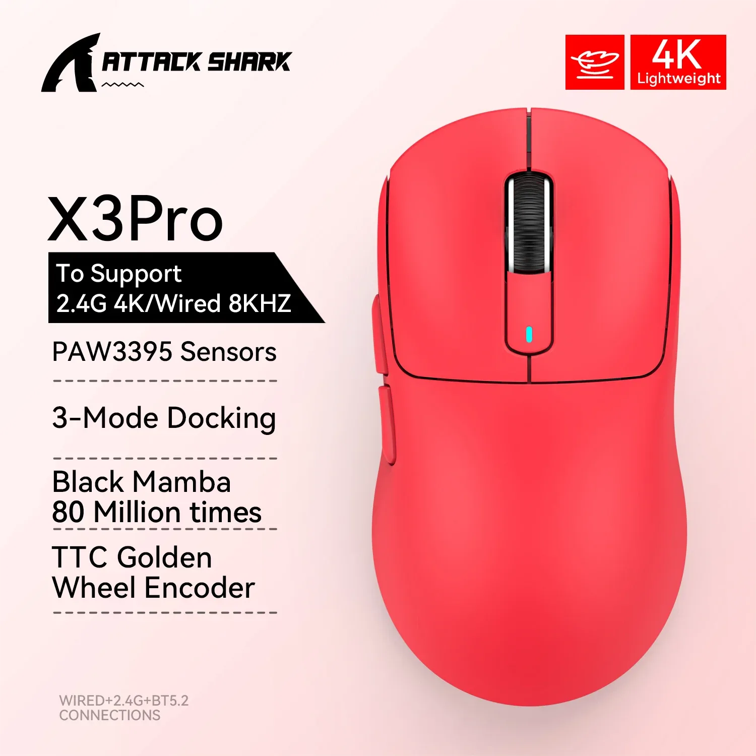 ATTACK SHARK X3 Souris de Jeu Sans Fil, Tri-Mode, Capteur PAW3395, 4K, Rouge slide 13