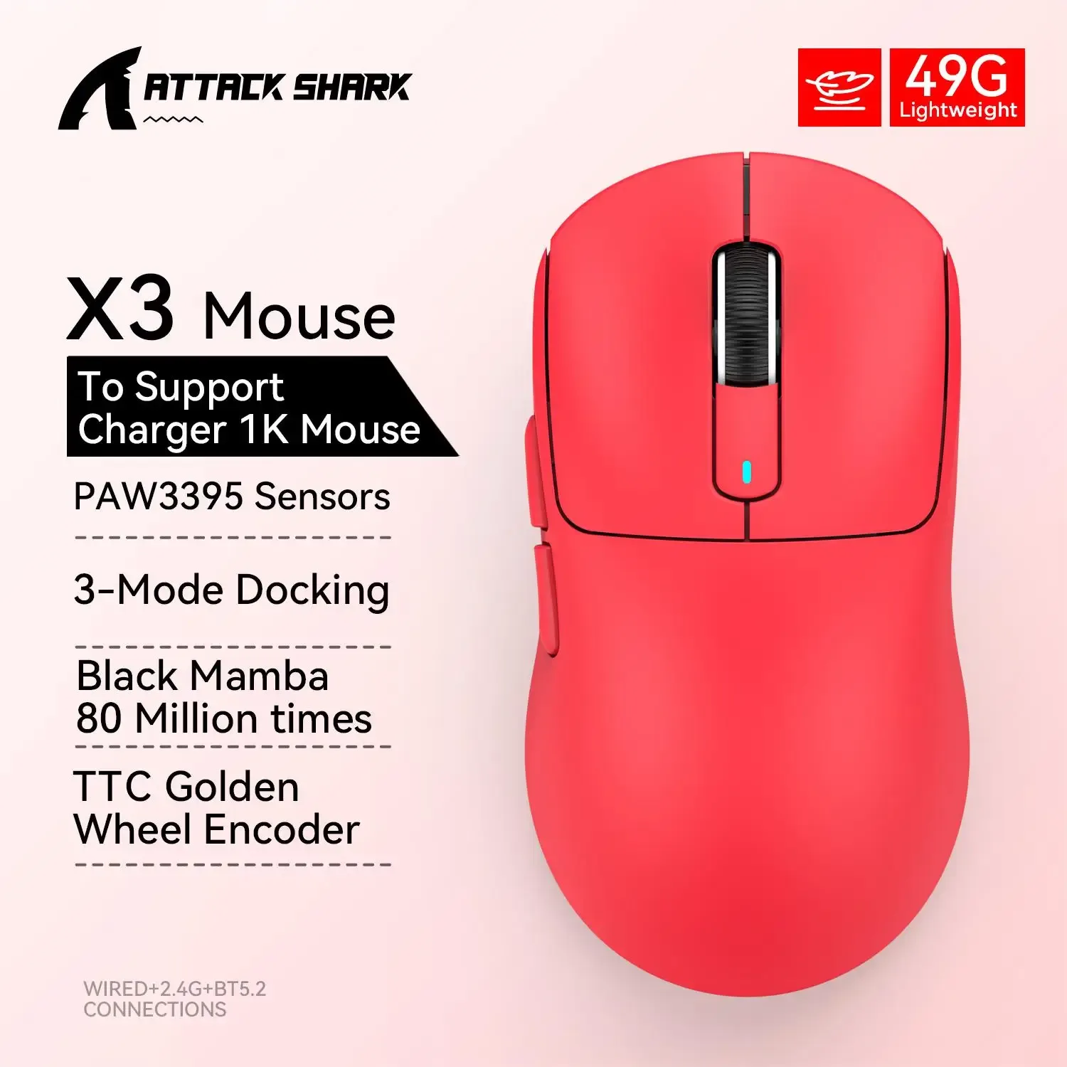 ATTACK SHARK X3 Souris de Jeu Sans Fil, Tri-Mode, Capteur PAW3395, 4K, Rouge slide 10