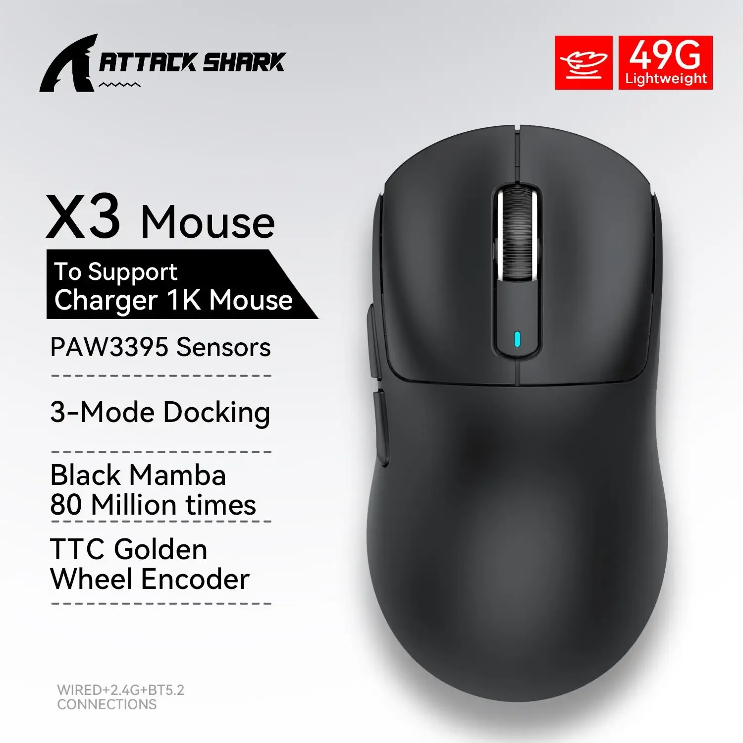 ATTACK SHARK X3 Souris de Jeu Sans Fil, Tri-Mode, Capteur PAW3395, 4K, Rouge slide 8