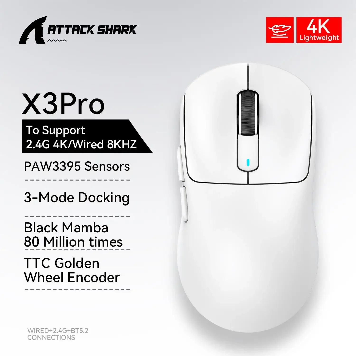 ATTACK SHARK X3 Souris de Jeu Sans Fil, Tri-Mode, Capteur PAW3395, 4K, Rouge slide 9