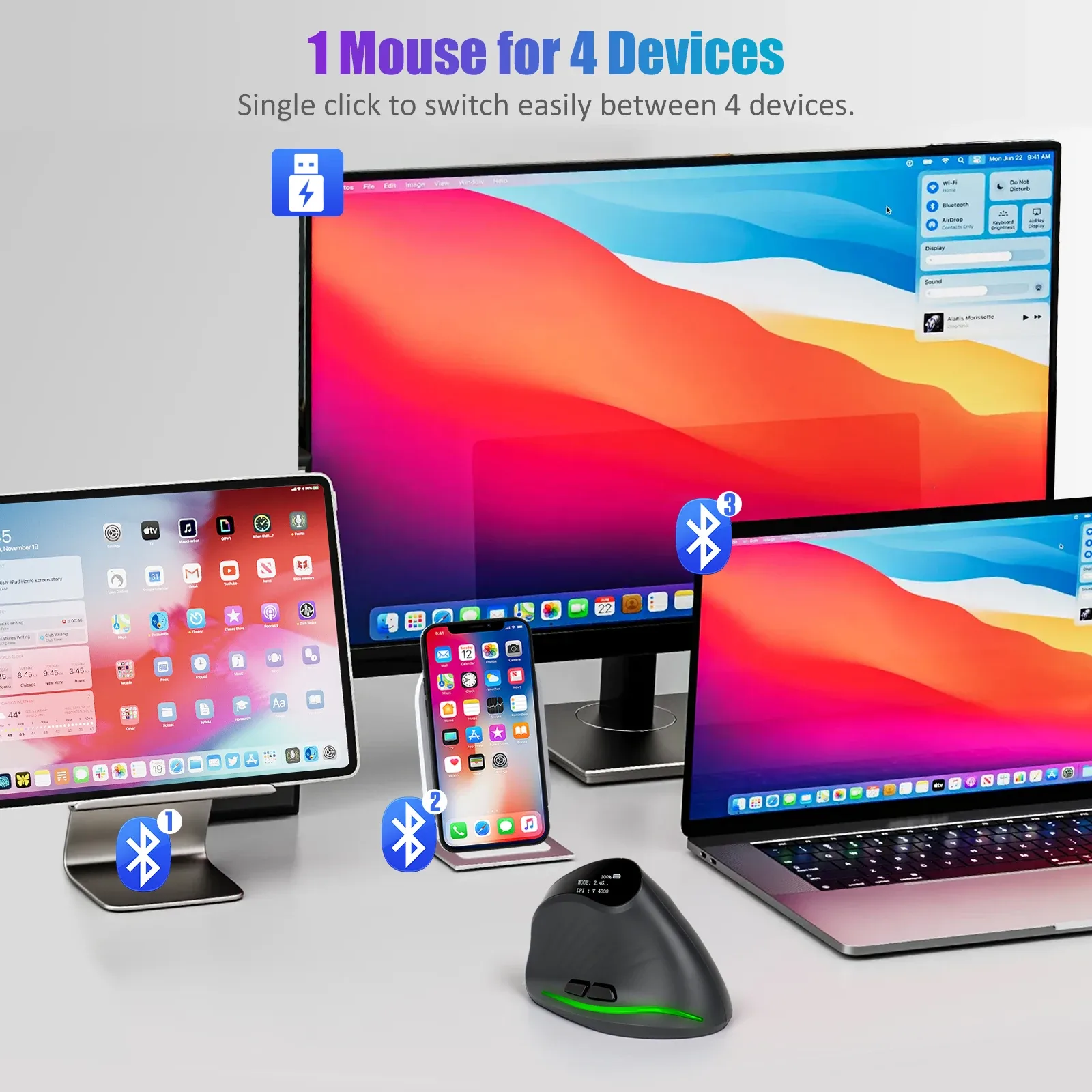 Souris verticale ergonomique sans fil LEFON F35C - Bluetooth, 4000 DPI, 7 boutons programmables avec écran OLED - Image 6
