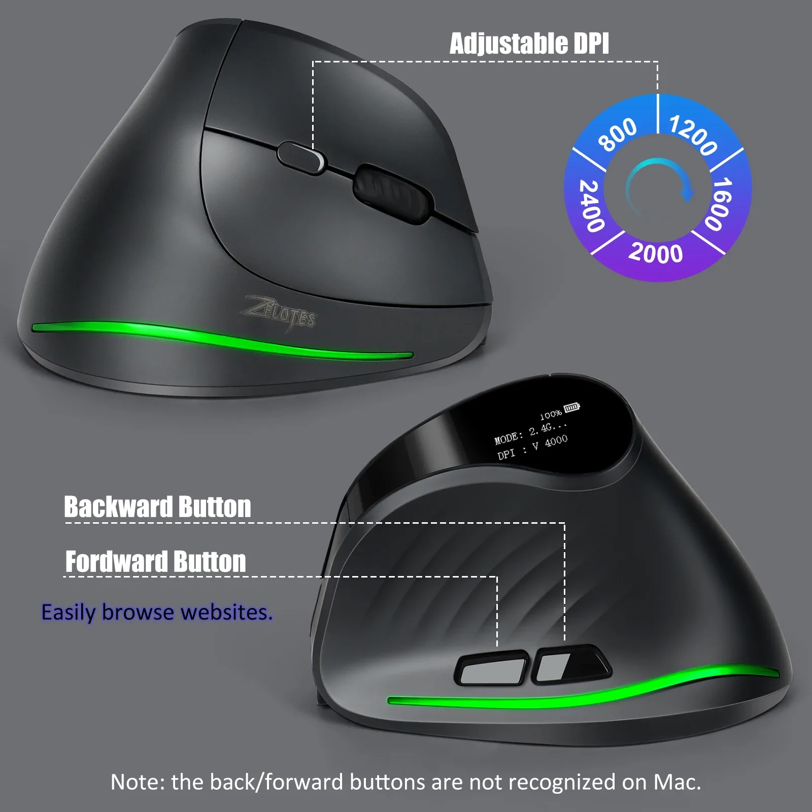 Souris verticale ergonomique sans fil LEFON F35C - Bluetooth, 4000 DPI, 7 boutons programmables avec écran OLED - Image 5