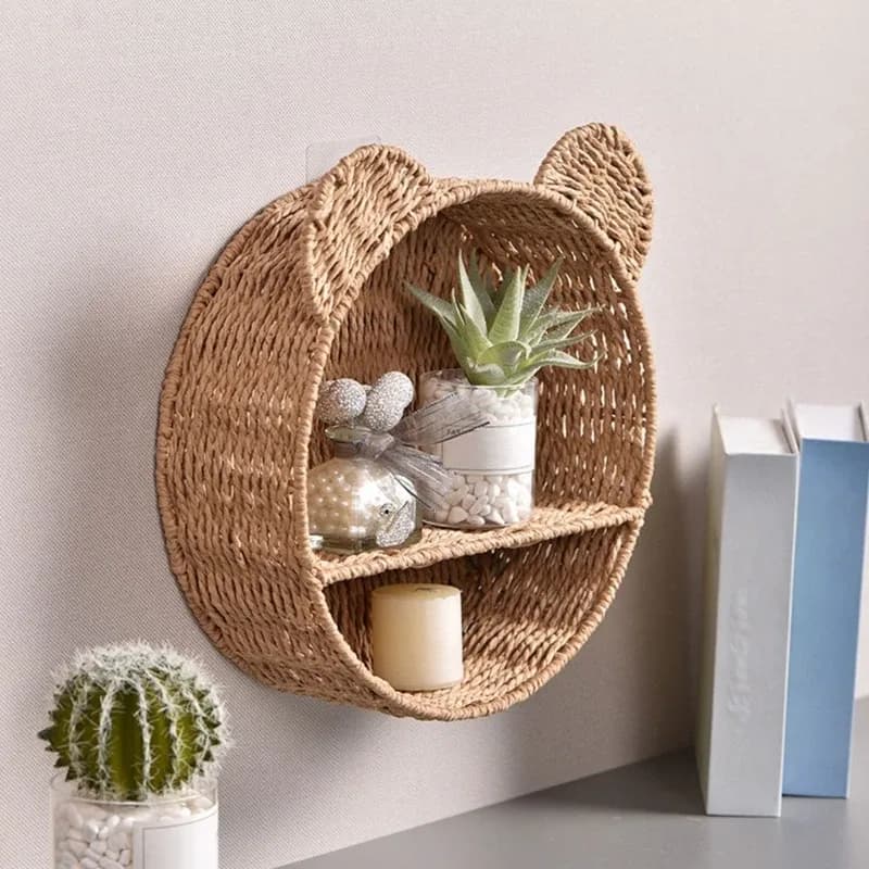 Étagère murale en rotin avec oreilles d'ours et panier de rangement suspendu - Image 6