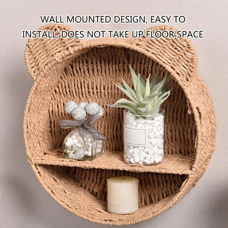 Étagère murale en rotin avec oreilles d'ours et panier de rangement suspendu - Image 1