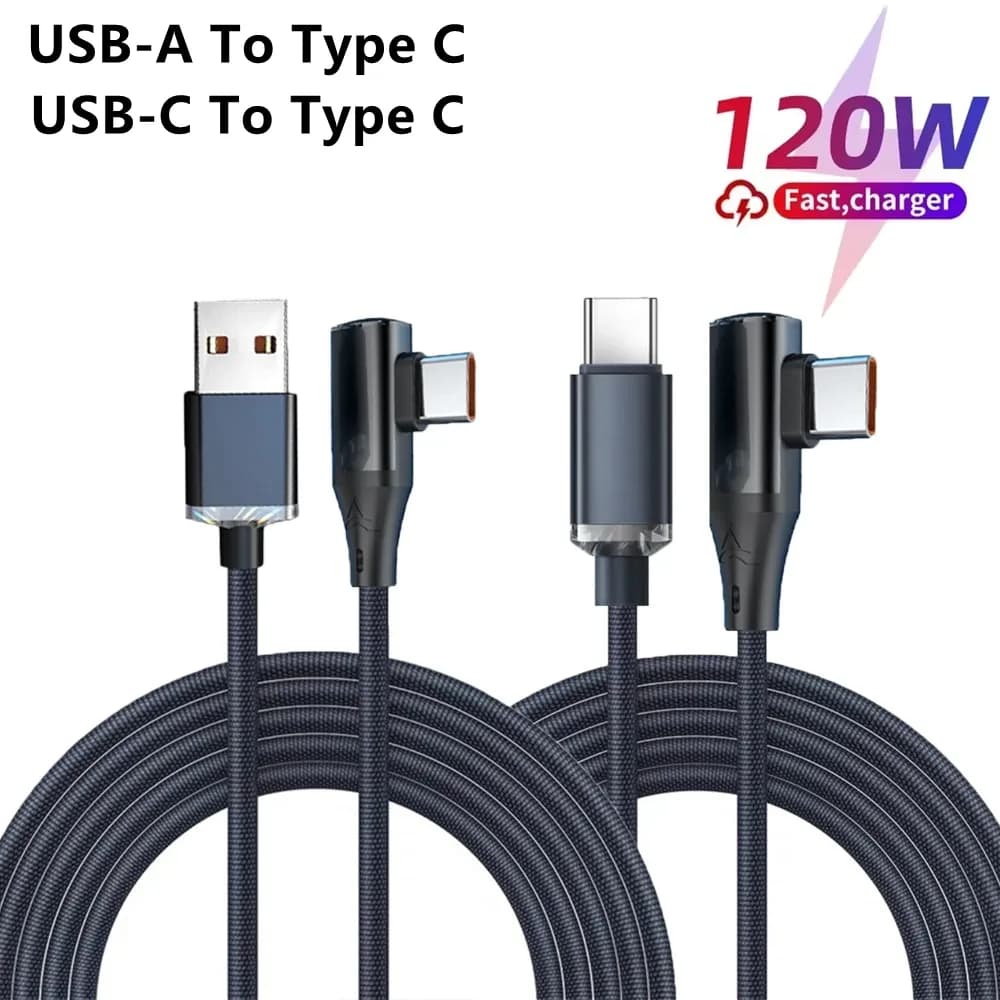Câble USB-C vers USB-C 120W 6A - Connecteur Coudé à 90° - Charge Rapide et Transfert de Données - Image 1