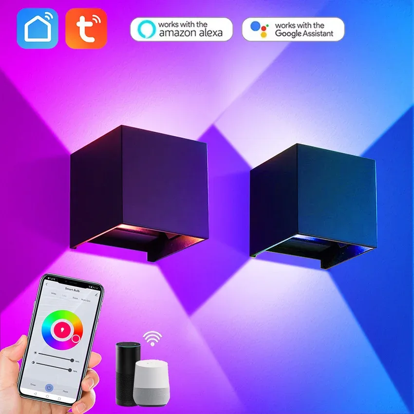 Applique murale extérieure connectée Cube Nik, RGBCW 2700-6500K, éclairage haut et bas, compatible Alexa et Google Home