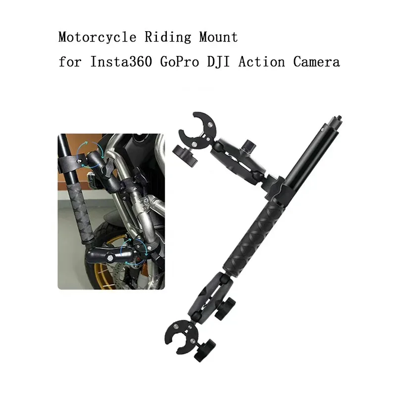 Double support de fixation moto avec perche à selfie extensible 1,5 m pour caméras d'action