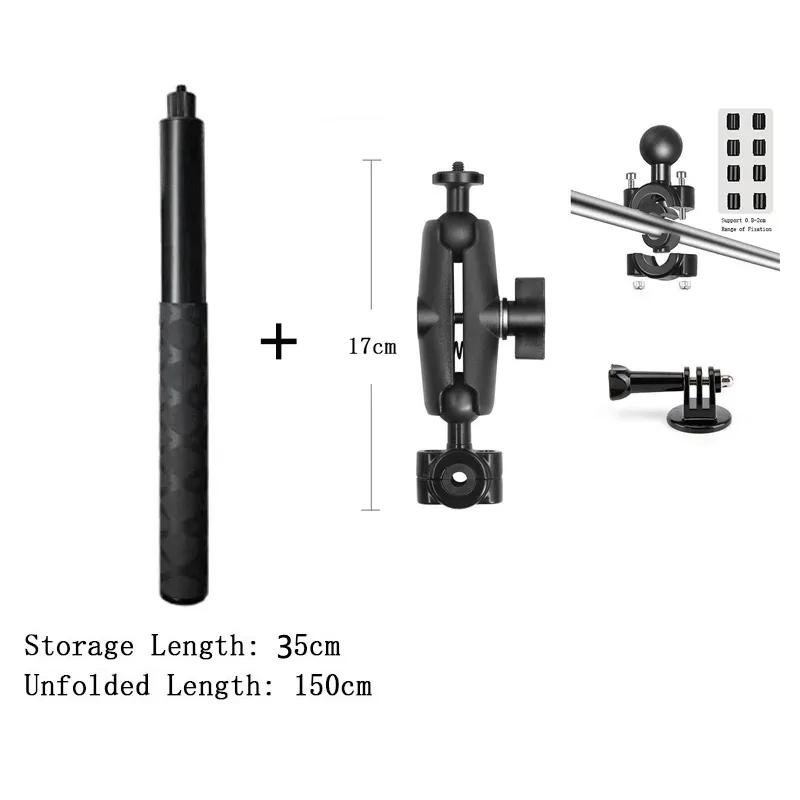 Double support de fixation moto avec perche à selfie extensible 1,5 m pour caméras d'action slide 12