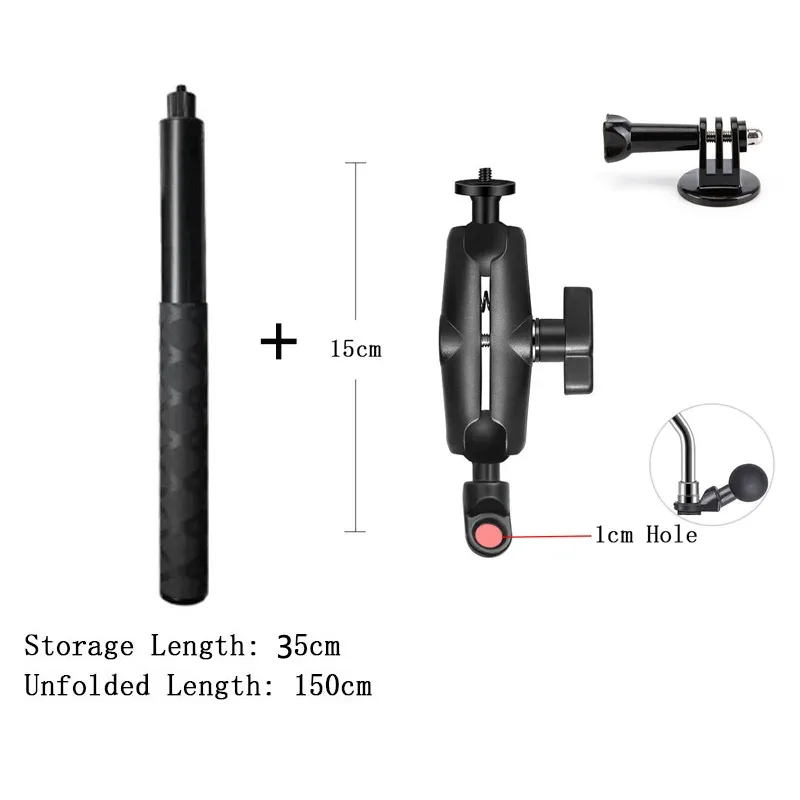 Double support de fixation moto avec perche à selfie extensible 1,5 m pour caméras d'action slide 11
