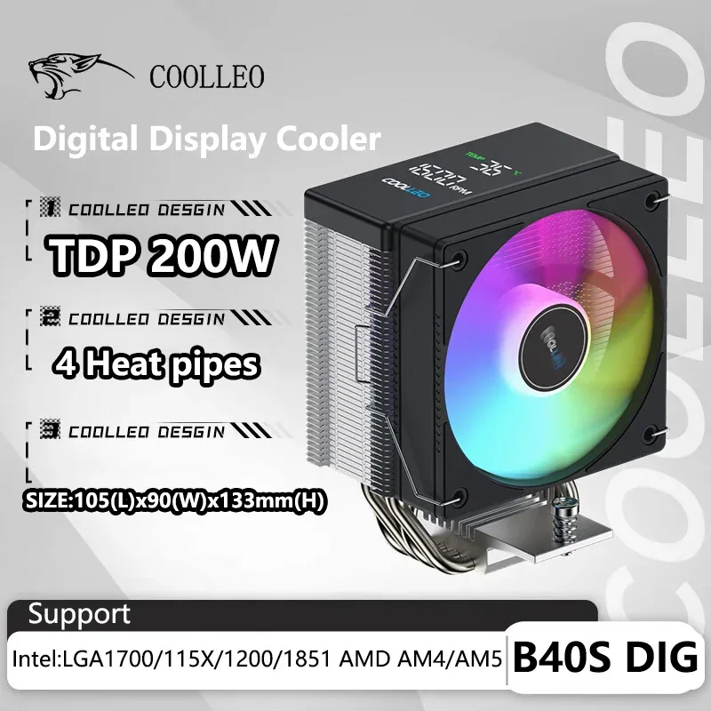 COOLLEO B40S DIG - Ventirad CPU avec Affichage de Température Digital, 4 Caloducs, TDP 200W, compatible LGA1700/115X/AM4/AM5