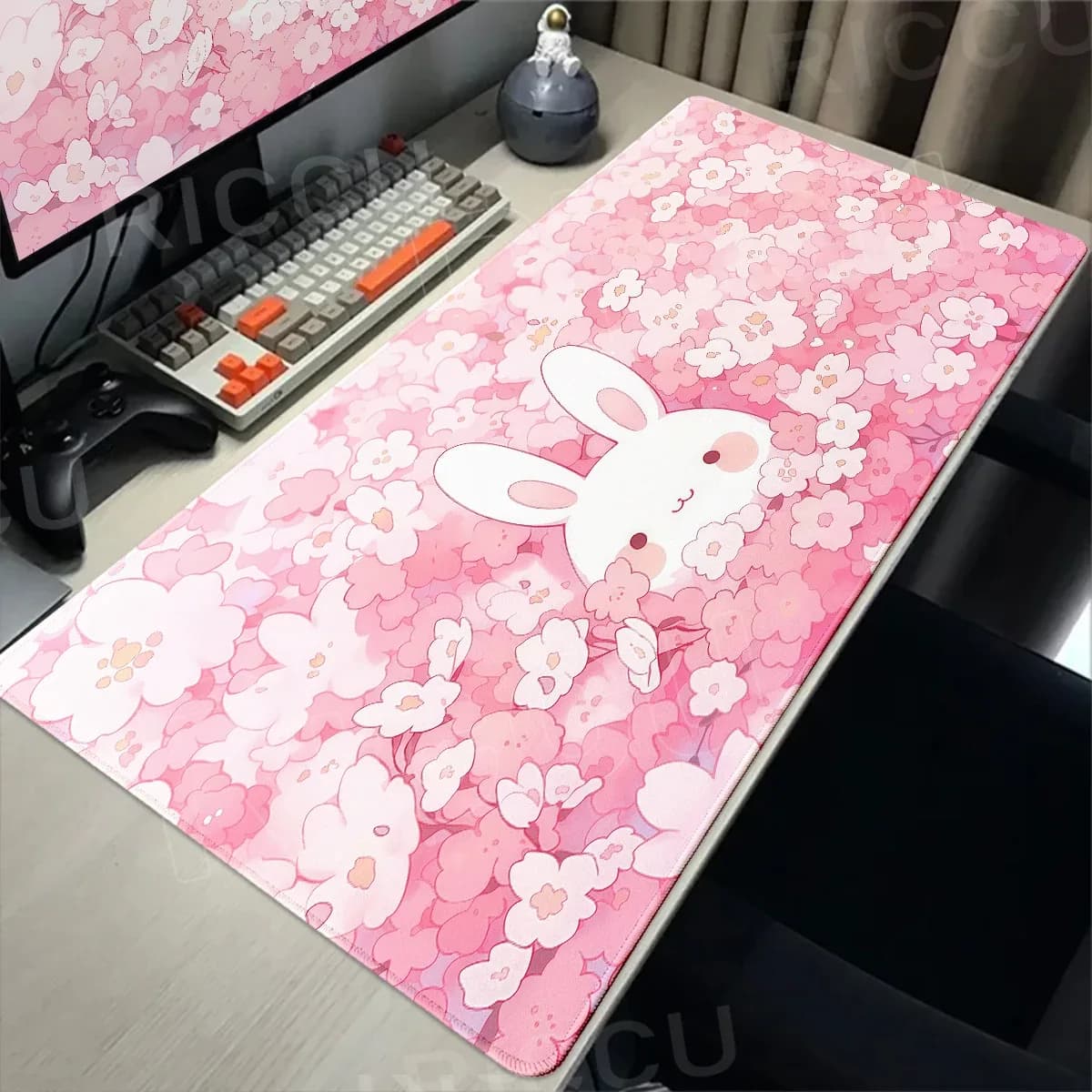 Tapis de souris XXL rose à motif lapin