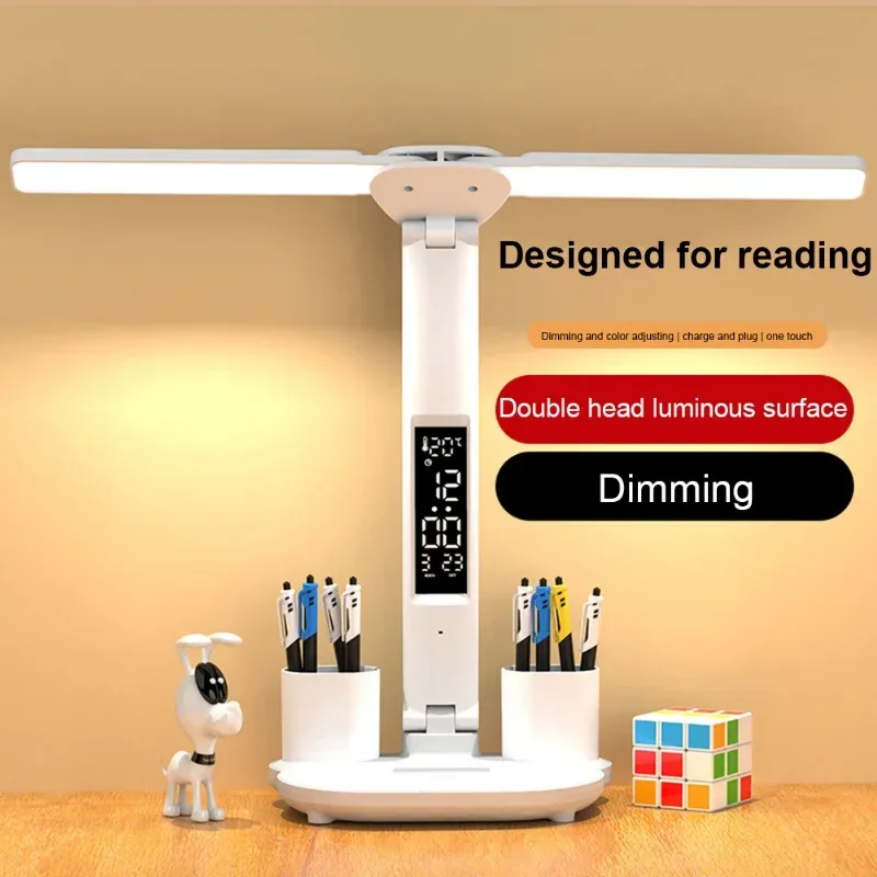 Lampe de bureau LED pliable à double tête avec horloge et calendrier - Image 1