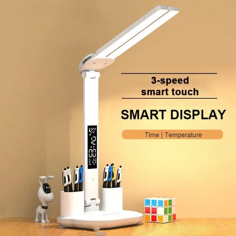 Lampe de bureau LED pliable à double tête avec horloge et calendrier - Image 2