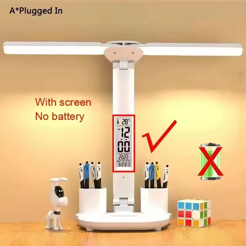 Lampe de bureau LED pliable à double tête avec horloge et calendrier slide 7