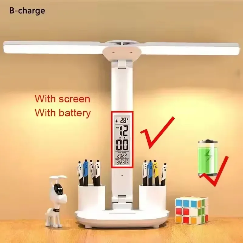 Lampe de bureau LED pliable à double tête avec horloge et calendrier slide 8
