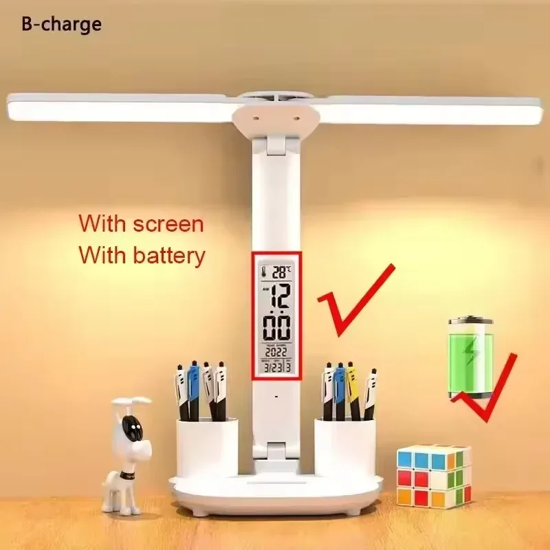 Lampe de bureau LED pliable à double tête avec horloge et calendrier slide 9