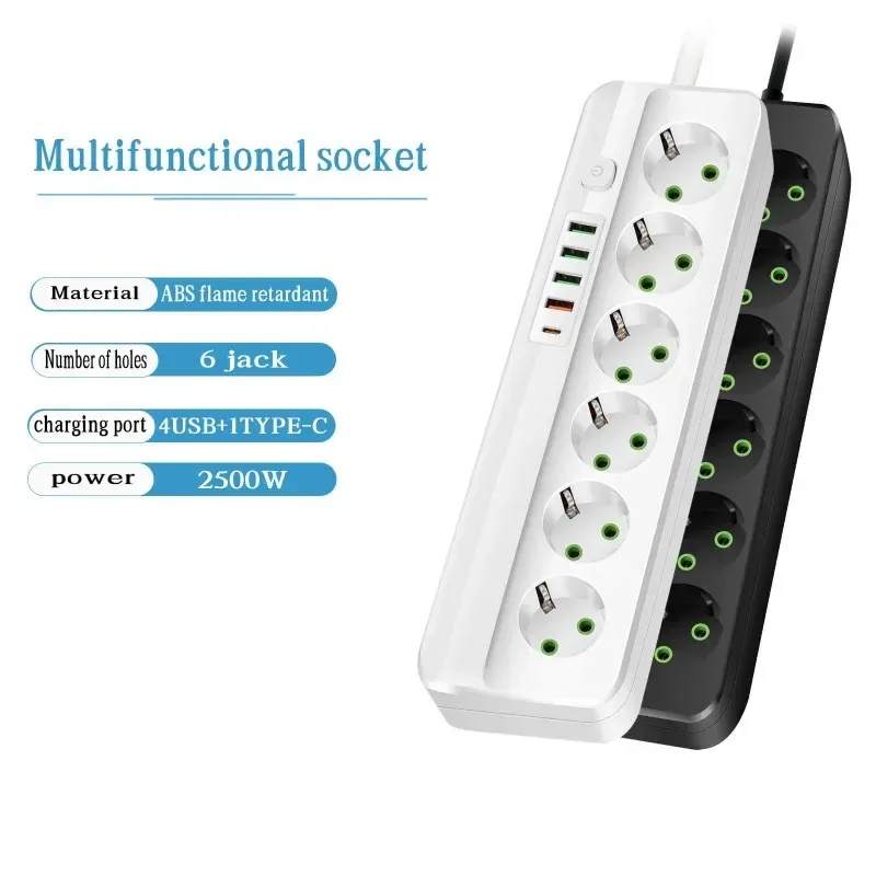 Multiprise 3 à 6 Prises avec 4 Ports USB et 1 Port USB-C - Câble 2m - 2500W - Image 1