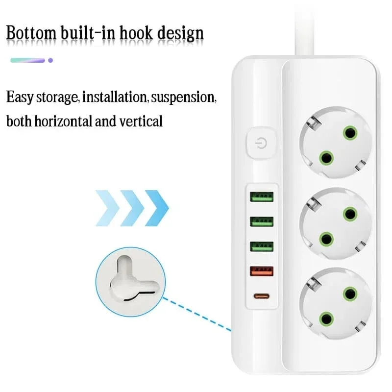 Multiprise 3 à 6 Prises avec 4 Ports USB et 1 Port USB-C - Câble 2m - 2500W - Image 5