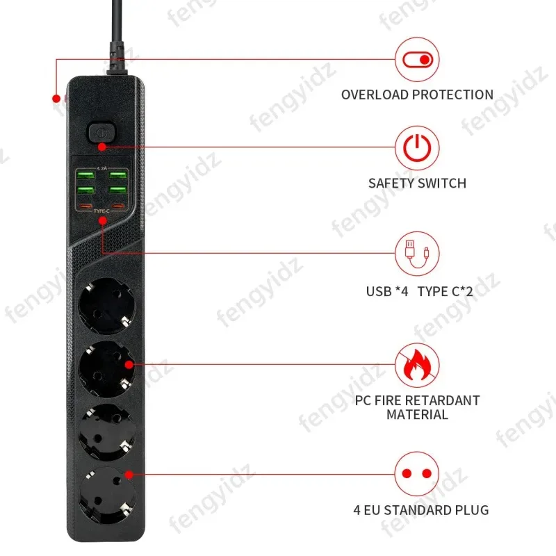 Multiprise 4 prises EU avec 4 ports USB (dont 2 USB-C) et protection contre les surcharges - Image 5