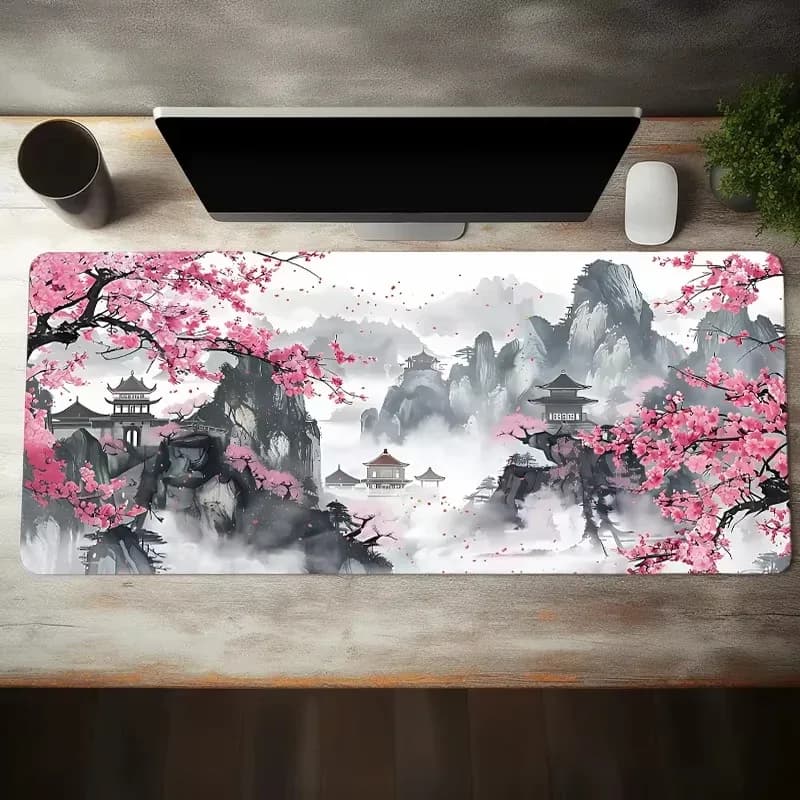 Grand tapis de souris motif fleur de cerisier avec bords cousus et base antidérapante