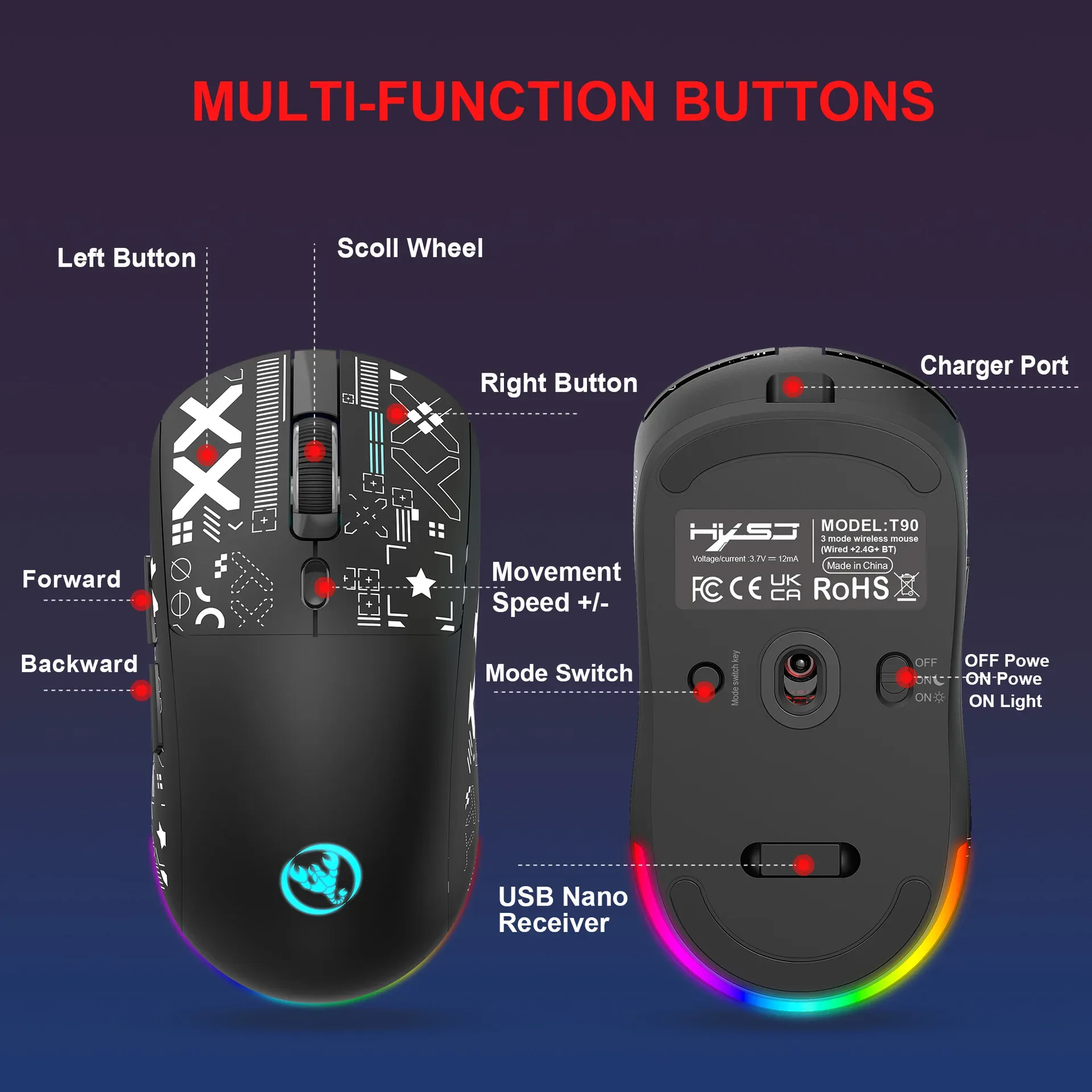 Souris gaming sans fil rechargeable trimode avec rétroéclairage RGB - Image 4