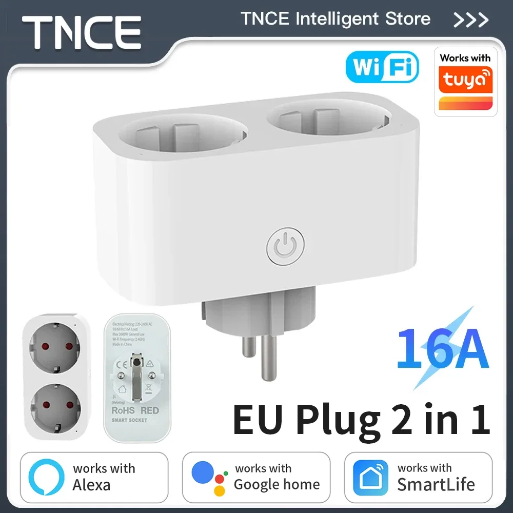 Double Prise Connectée WiFi 16A TNCE - Suivi de Consommation - Compatible Tuya, Alexa et Google Home
