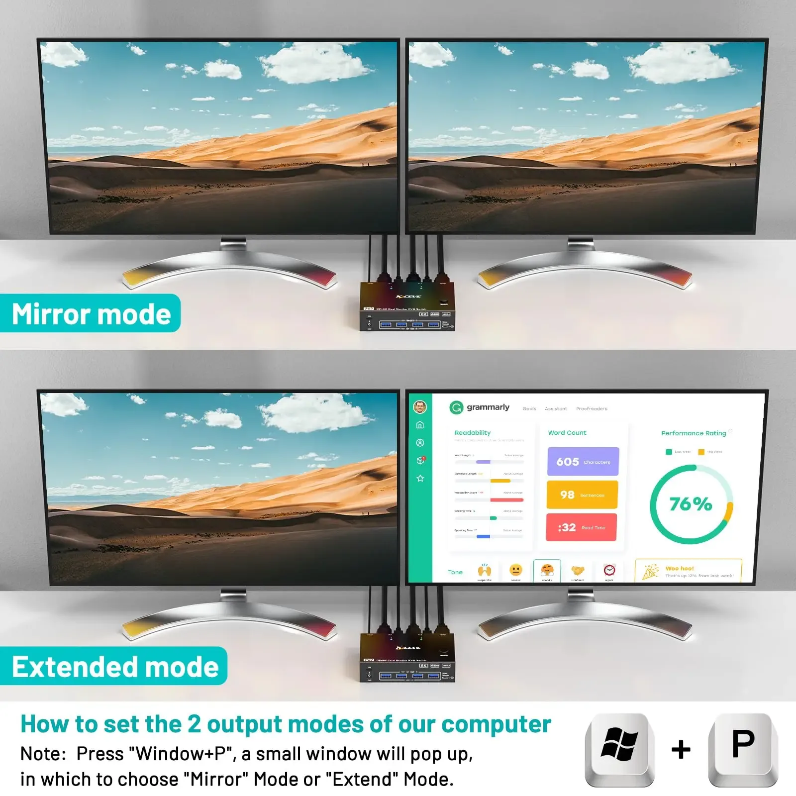 Commutateur KVM Double Moniteur KCEVE (HDMI + DisplayPort) - 2 PC, 8K@60Hz, 4K@144Hz, 4 Ports USB 3.0 - Image 4