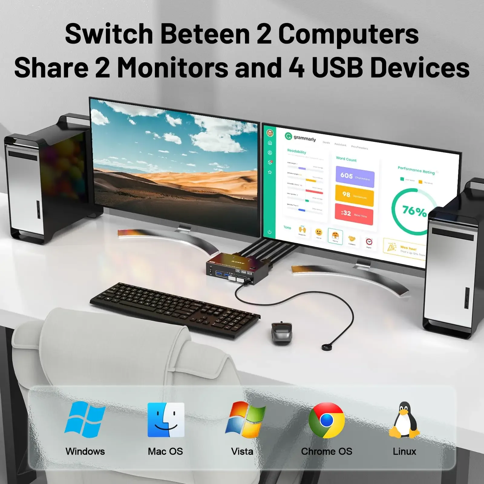 Commutateur KVM Double Moniteur KCEVE (HDMI + DisplayPort) - 2 PC, 8K@60Hz, 4K@144Hz, 4 Ports USB 3.0 - Image 2
