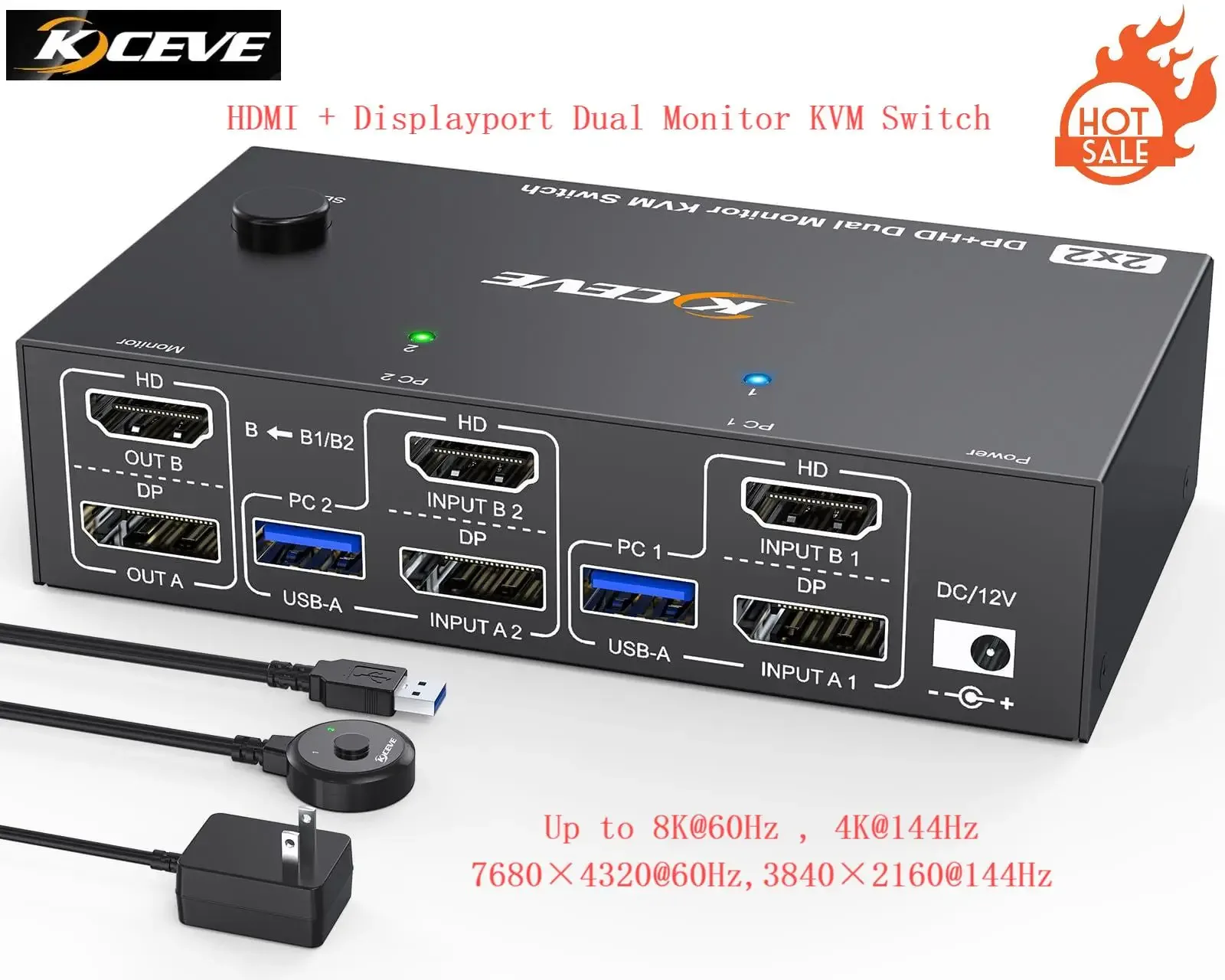 Commutateur KVM Double Moniteur KCEVE (HDMI + DisplayPort) - 2 PC, 8K@60Hz, 4K@144Hz, 4 Ports USB 3.0 - Image 1